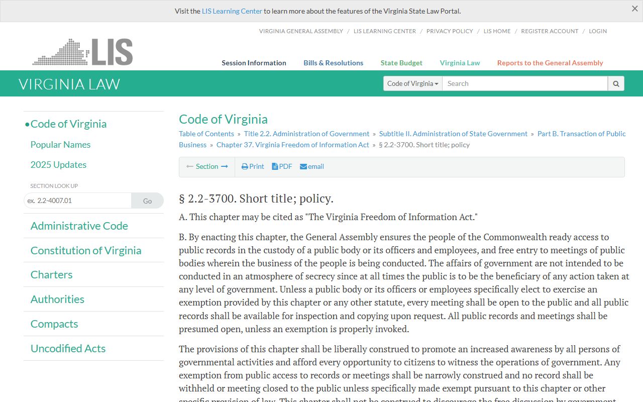 Virginia Freedom of Information Act governing court docket access